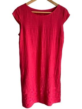 Floral Embroidered 100% Linen Dress Sz M Pink Relaxed Fit Breezy Sleeveless